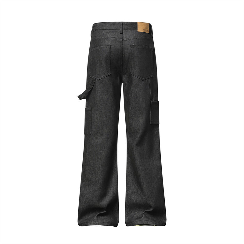 Black Baggy Flare Cargo Jeans – Wide Leg Denim with Rivet & Patch Detail