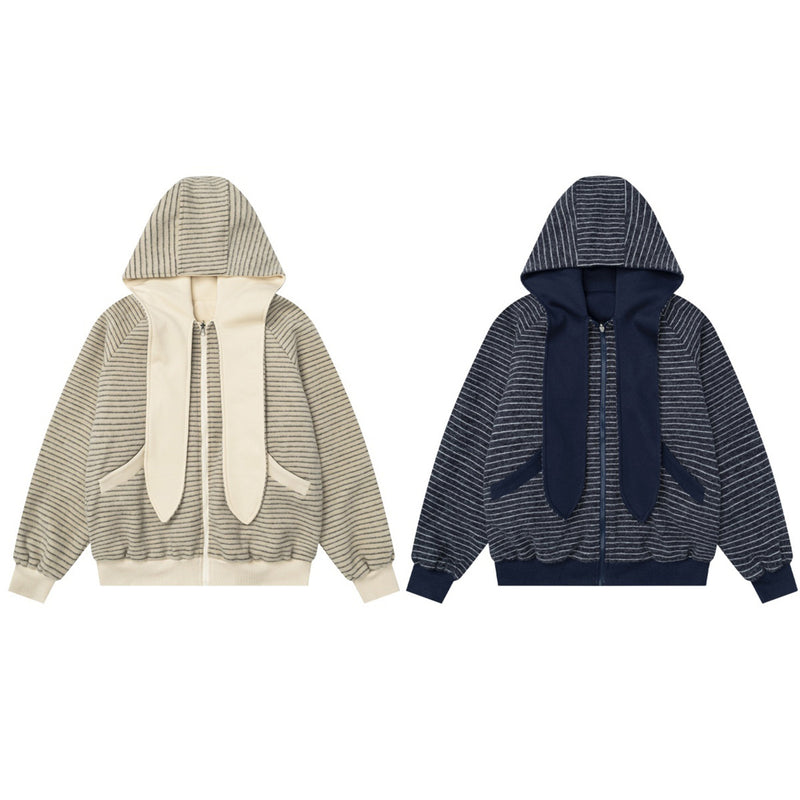 Sudadera con capucha y cremallera de rayas con orejas de conejo — Cárdigan reversible de doble cara