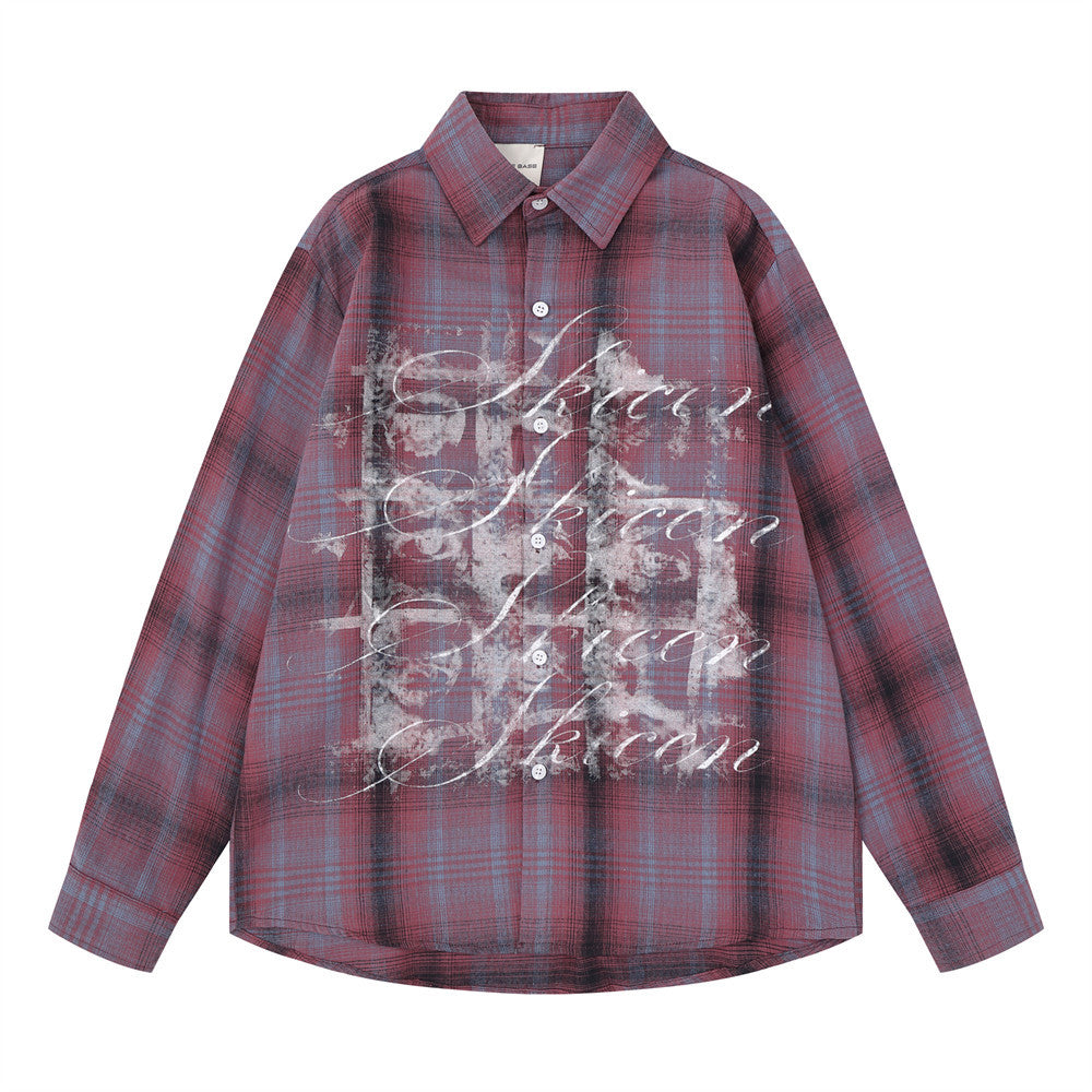 Oversized Button-Up Shirt Plaid Graffiti Print Long Sleeve