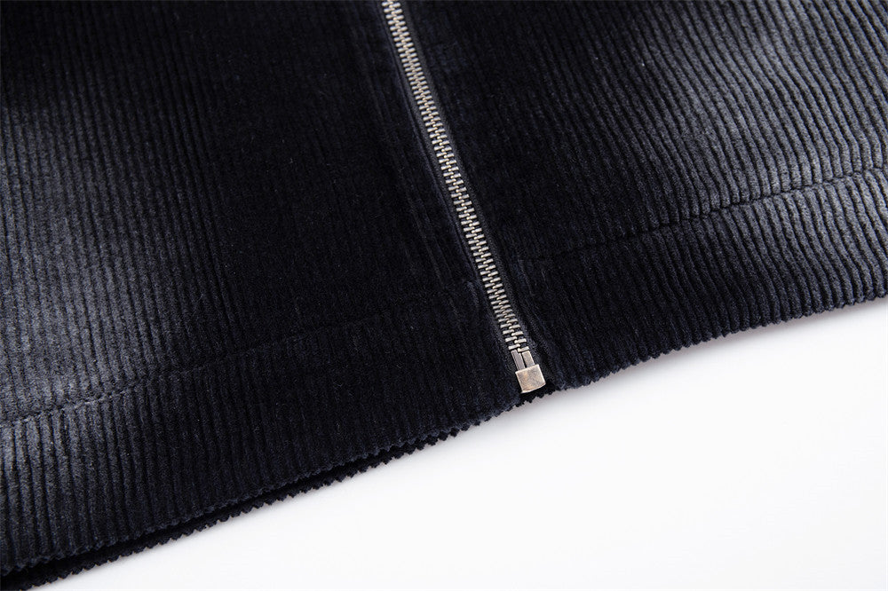 Biker Jacket for Men – Distressed Corduroy Stand-Collar Moto Jacket in Black