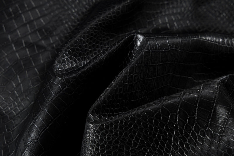 Croc-Embossed Faux Leather Bomber Jacket with Fur Collar
