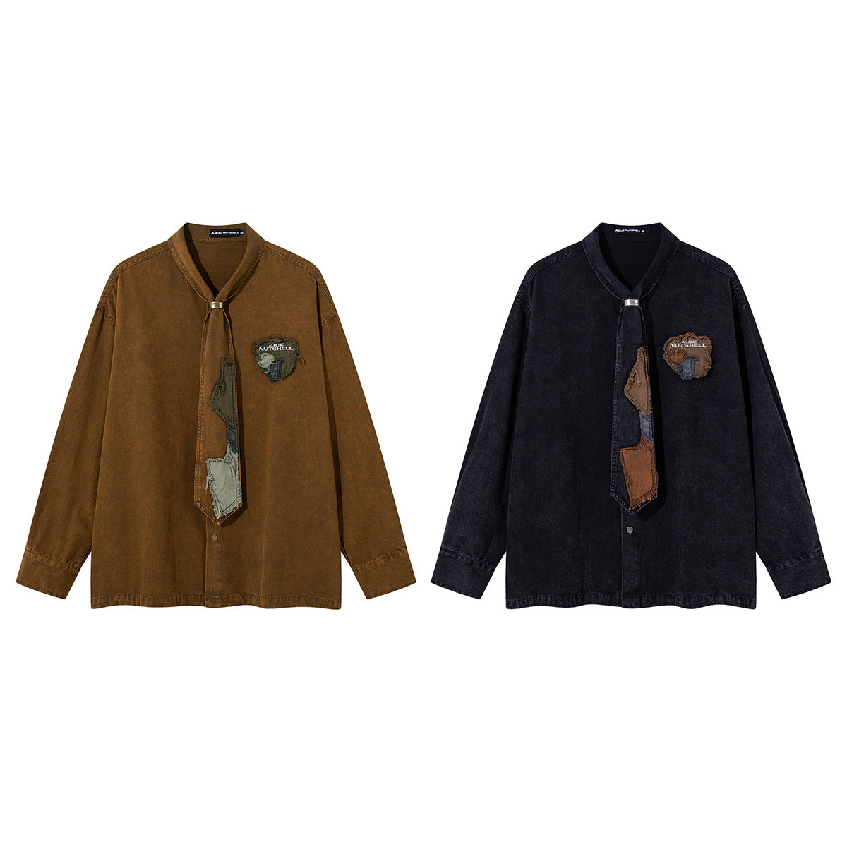 Patchwork Tie Denim Shirt – Vintage Streetwear Button-Up with Detachable Fabric