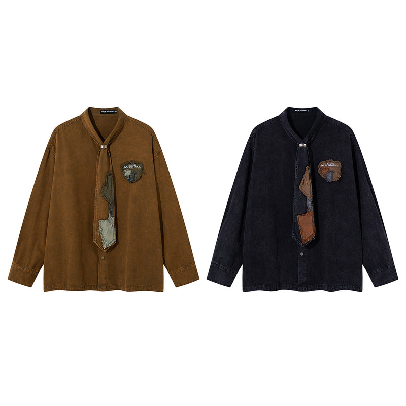 Patchwork Tie Denim Shirt – Vintage Streetwear Button-Up with Detachable Fabric