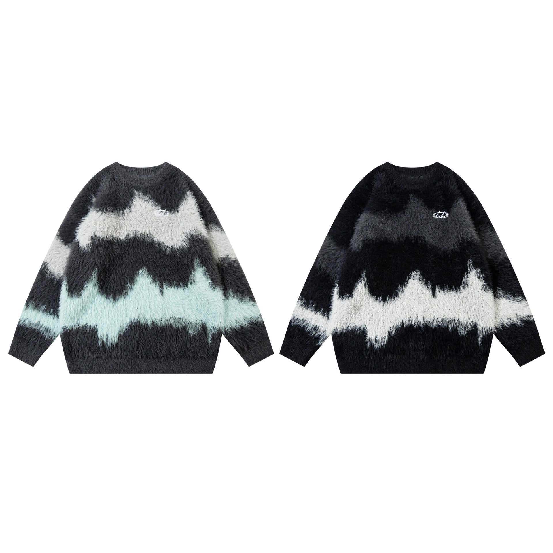 Pull en maille pelucheuse à motif vague abstrait – Modèle oversize