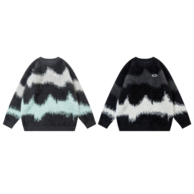 Pull en maille pelucheuse à motif vague abstrait – Modèle oversize