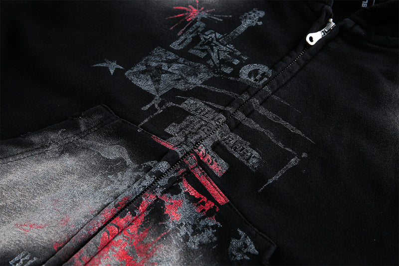 Sweat à capuche zippé délavé – Graphique vintage usé, style street américain