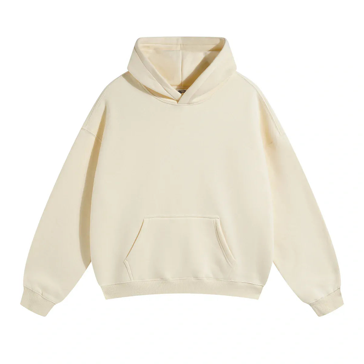 The Custom Anime Character Cream Hoodie is a 350GSM 100% cotton pullover with a hood, front pocket, long sleeves, and ribbed cuffs and hem—ideal for personalized anime or unique custom designs, shown on a white background.