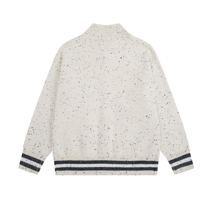 Cartoon Cat Jacquard Knit Cardigan Sweater – Varsity-Trim Button-Up