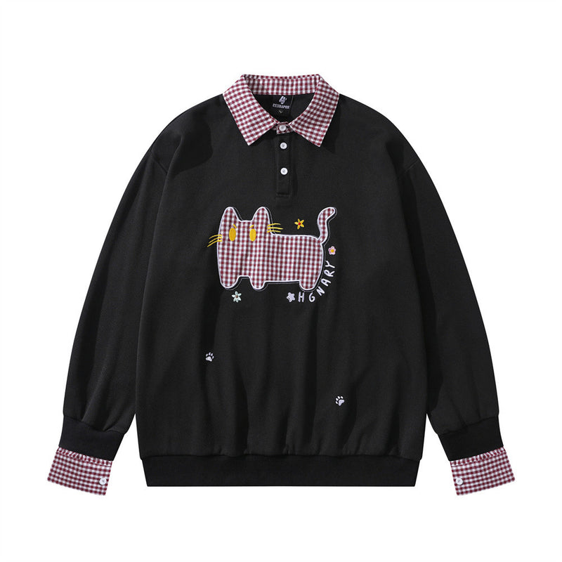 Men's black sweatshirt with gingham polo collar, plaid cat appliqué embroidery, and matching cuff trim