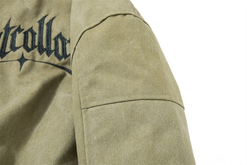 Gothic Letter Embroidered Cargo Bomber Jacket – Stand Collar, Multi-Pocket