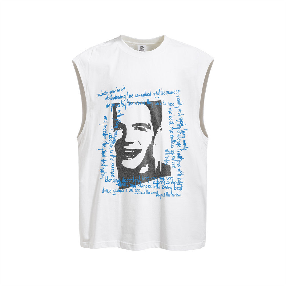 Men's oversized sleeveless tank top with vintage stencil portrait print and blue handwritten text, shown in white, khaki, and