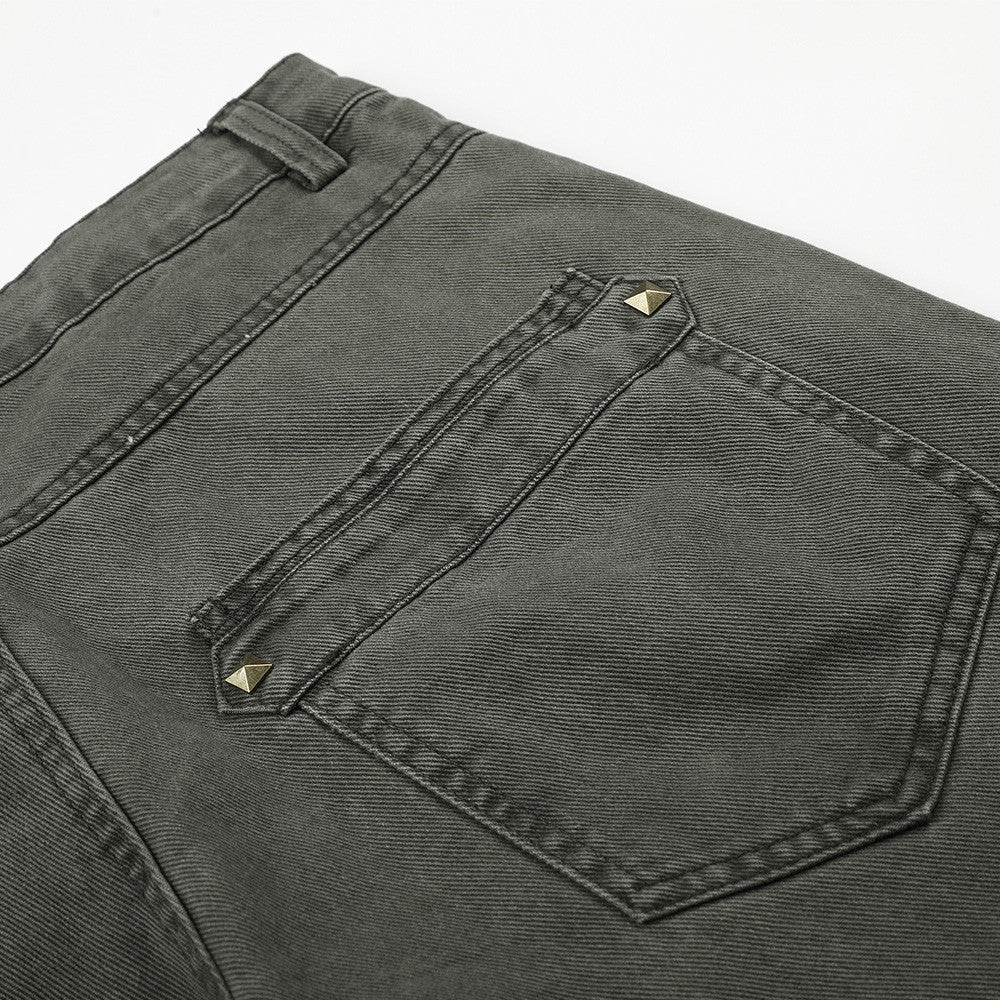 Wide-Leg Cargo Pants with Gold Pyramid Studs – Punk Workwear Straight-Cut