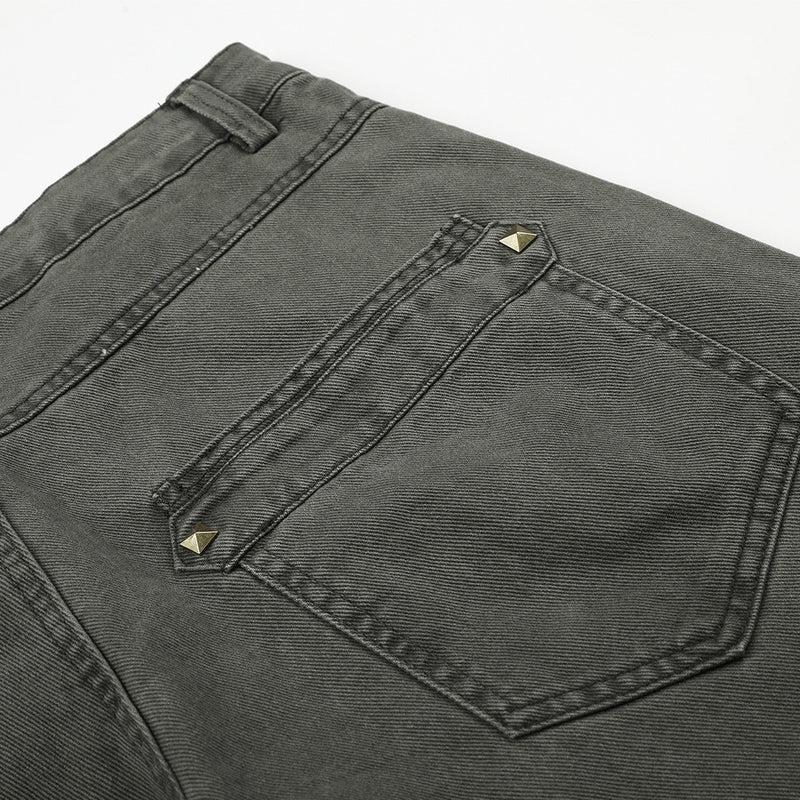 Wide-Leg Cargo Pants with Gold Pyramid Studs – Punk Workwear Straight-Cut