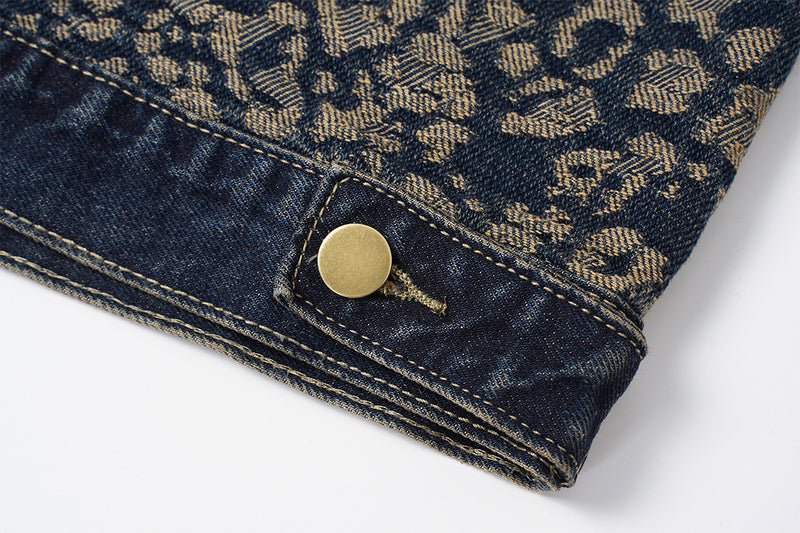 Veste en jean à imprimé léopard – Veste trucker patchwork délavée à col à pointes