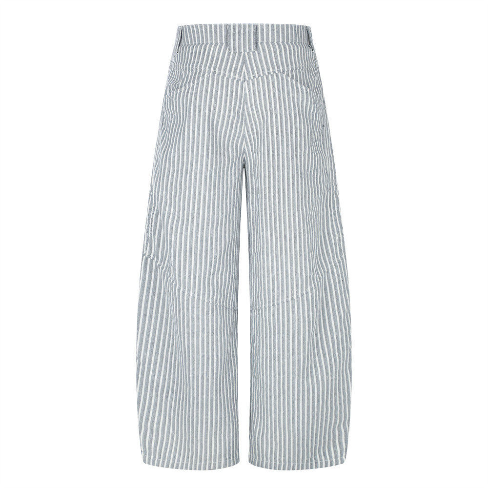 Wide-Leg Striped Pants with Curved Arc Pocket Design