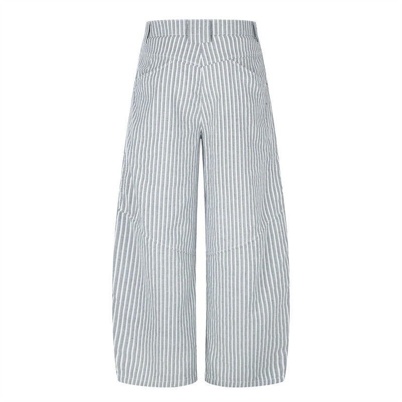 Wide-Leg Striped Pants with Curved Arc Pocket Design