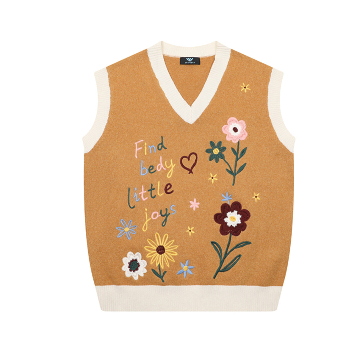 Floral embroidery V-neck knit sweater vest in caramel orange with contrast cream ribbed trim and colorful flower and script e