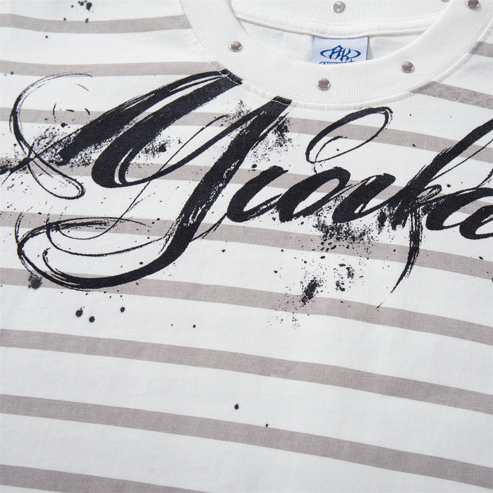 Oversized T-Shirt Men Striped Long Sleeve Paint-Splatter Script Logo Tee