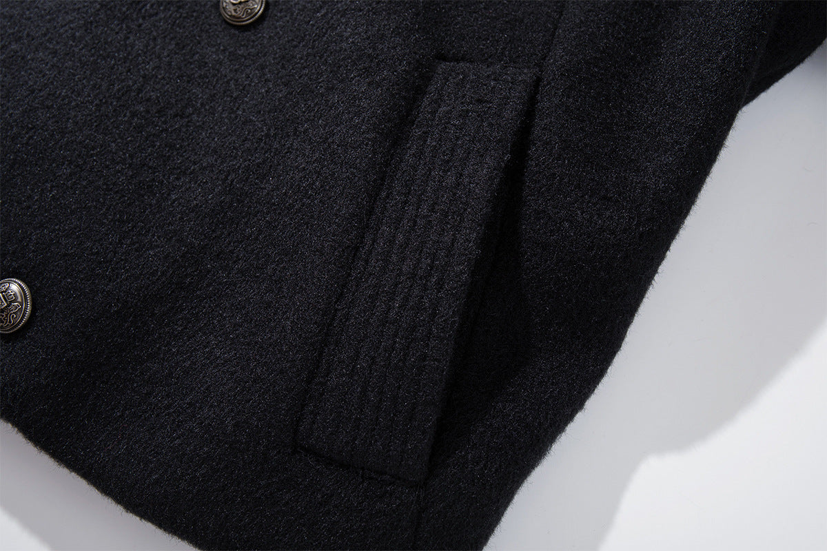 Men's Black Double-Breasted Military Wool Jacket with Stand Collar