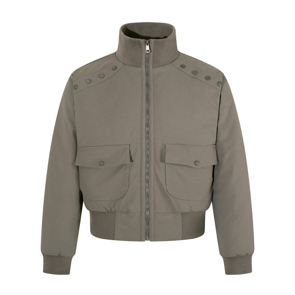 Men's Bomber Jacket with Studded Shoulders & Stand Collar
