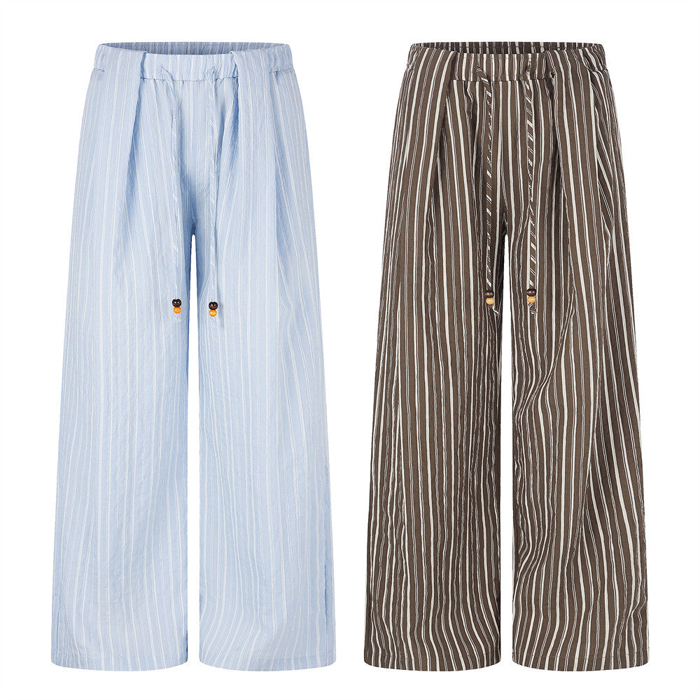 Striped Wide-Leg Pants with Elastic Drawstring Waist and Pleated Detail