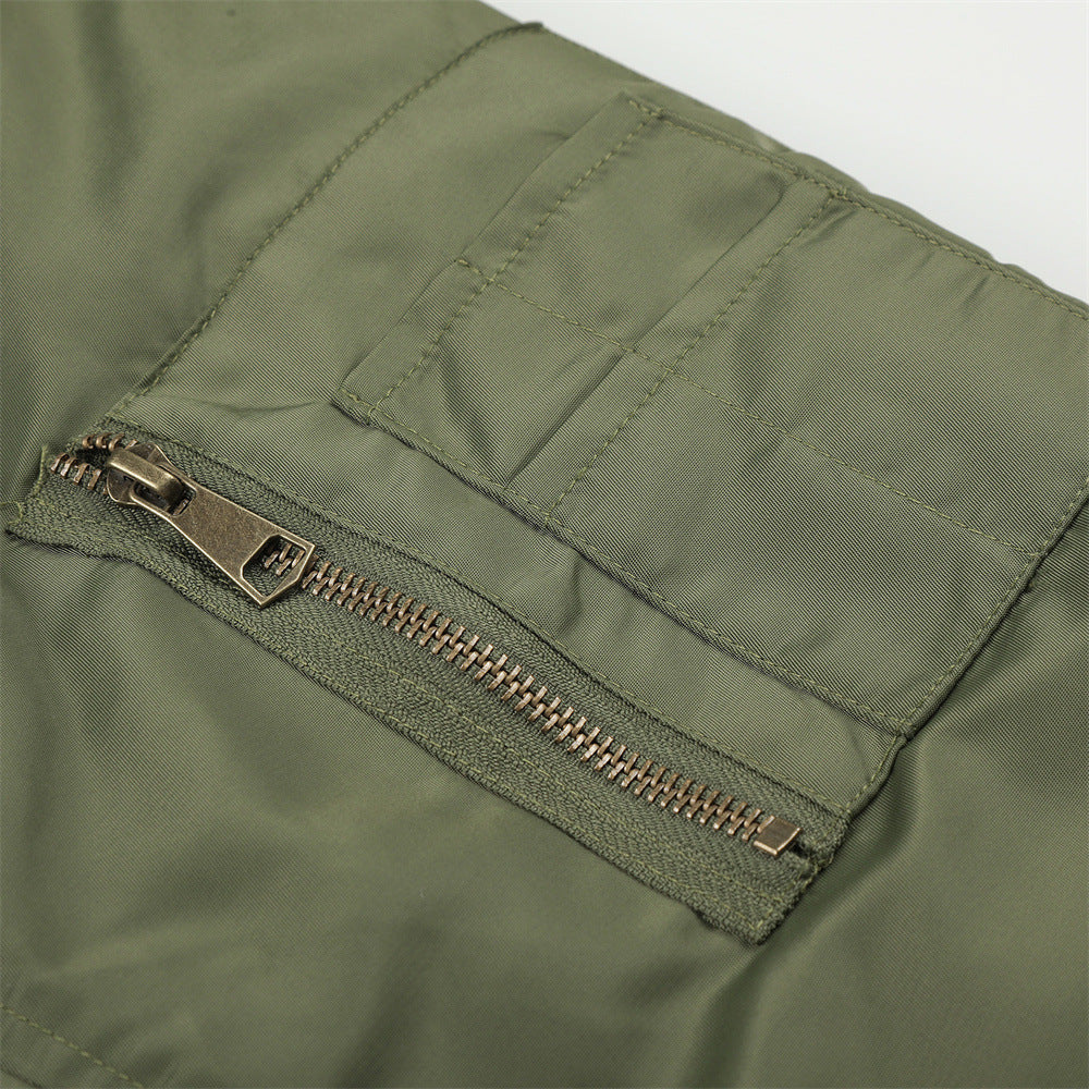 Men's Army Green Bomber Jacket with Leopard Faux Fur Collar & Rivet Detail