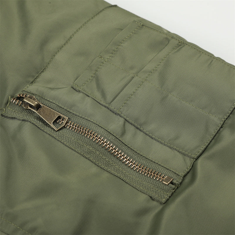 Men's Army Green Bomber Jacket with Leopard Faux Fur Collar & Rivet Detail