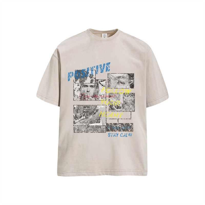 ベージュのオーバーサイズウォッシュドTシャツ、ヴィンテージポートレートコラージュとブルー・イエロー・レッドのグラフィックテキスト付き