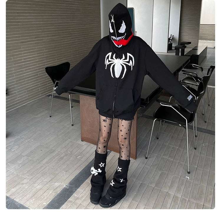 Venom-Inspired Hoodie with Signature Tongue and Spider Logo Design