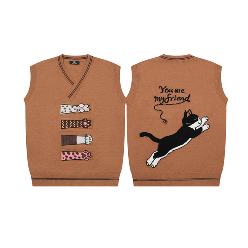 Cat Paw Knit Sweater Vest – V-Neck Jacquard Sleeveless Pullover in Brown