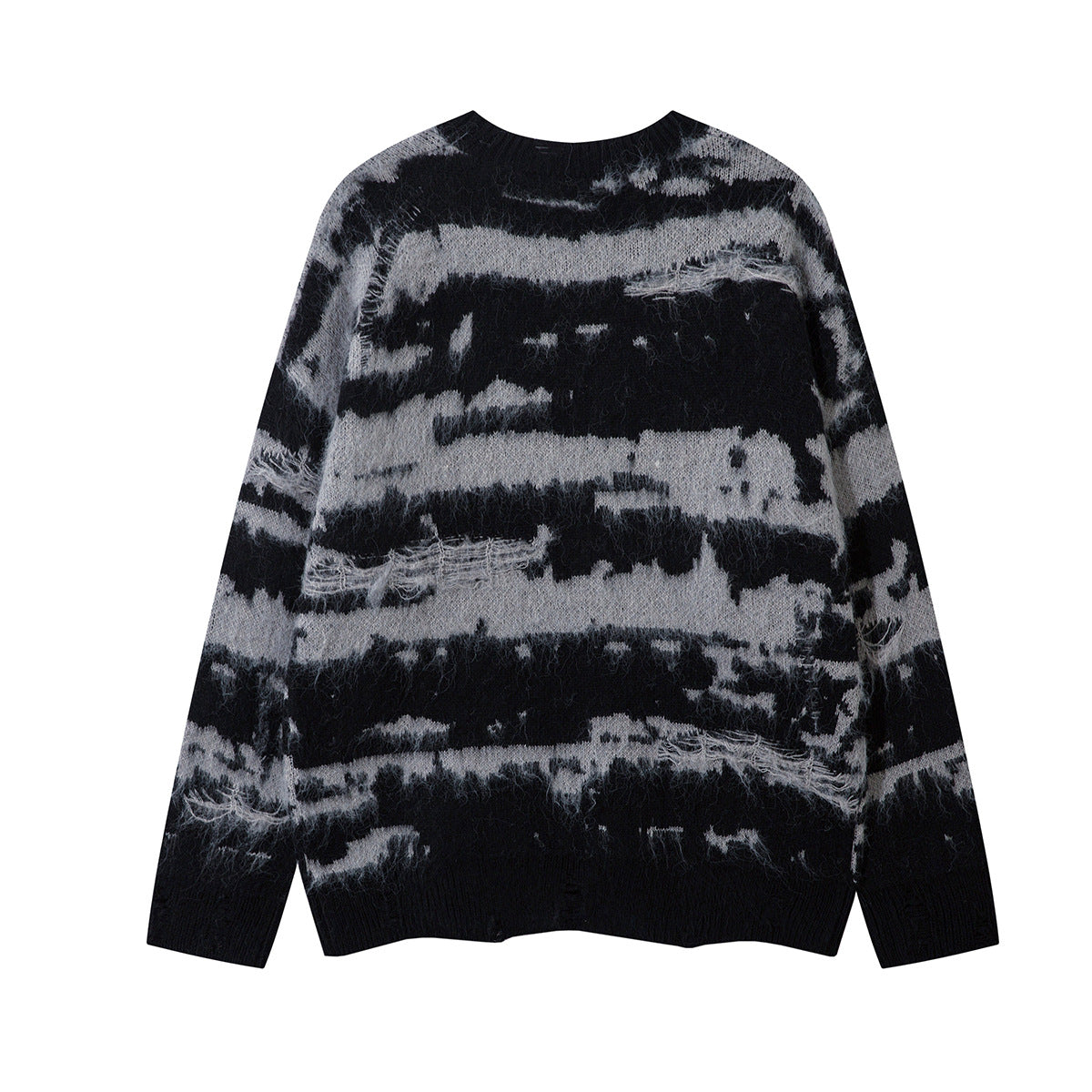 Back view of a black and gray distressed stripe jacquard knit sweater with ribbed cuffs and hem