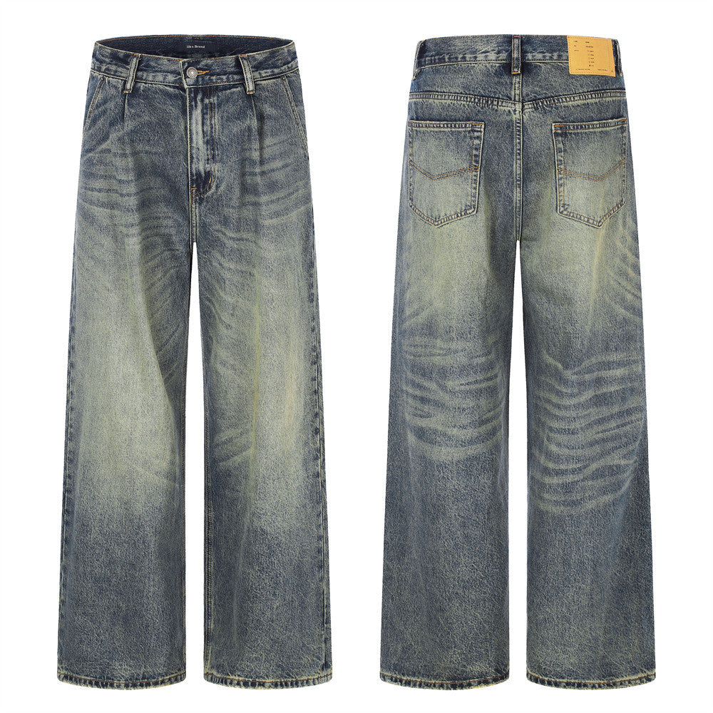 Wide-Leg Jeans Men's American Vintage Washed Distressed Denim Pants
