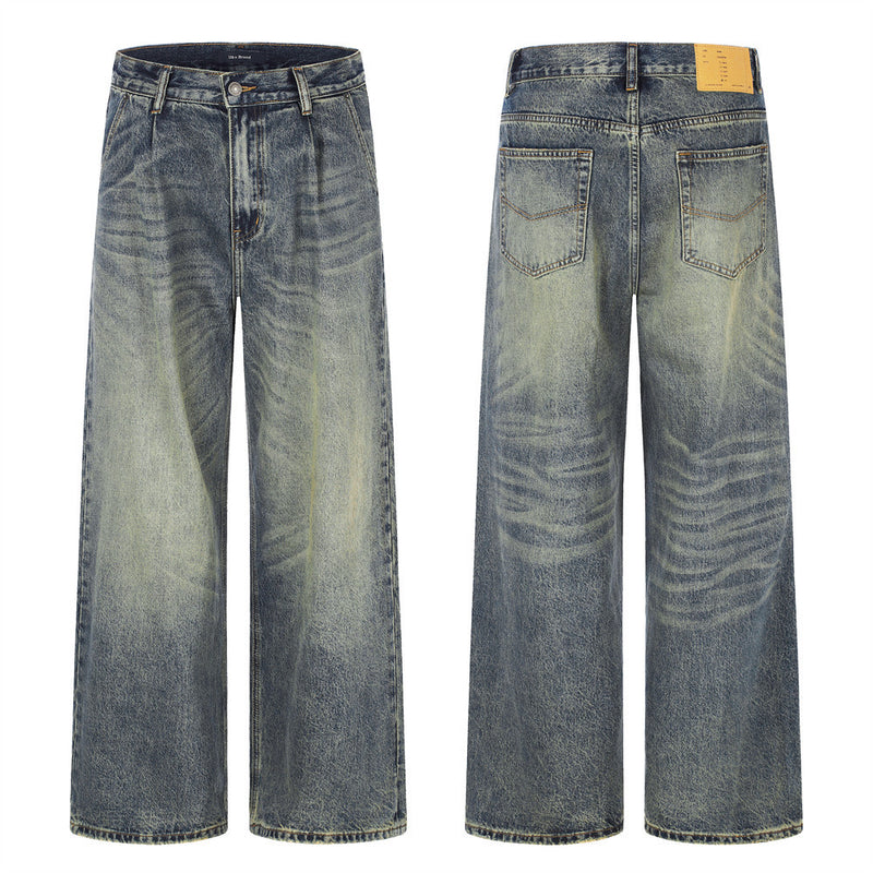Wide-Leg Jeans Men's American Vintage Washed Distressed Denim Pants