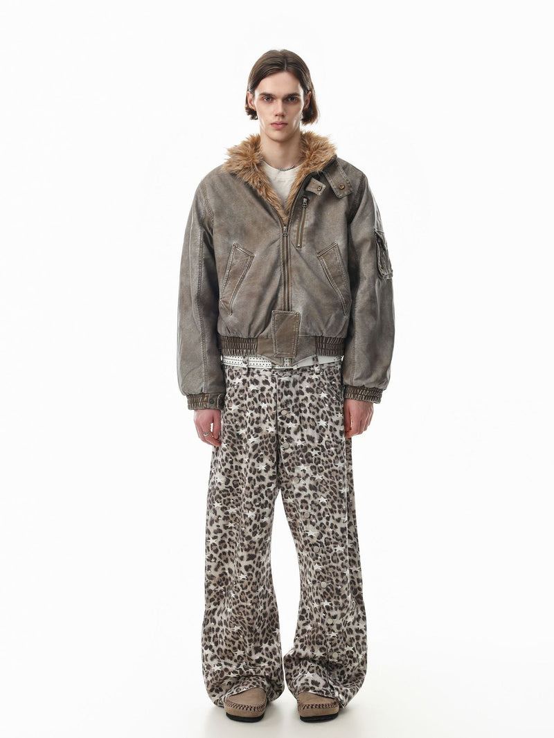 Vintage Washed Bomber Jacket with Faux Fur Collar — Oversized Padded Flight