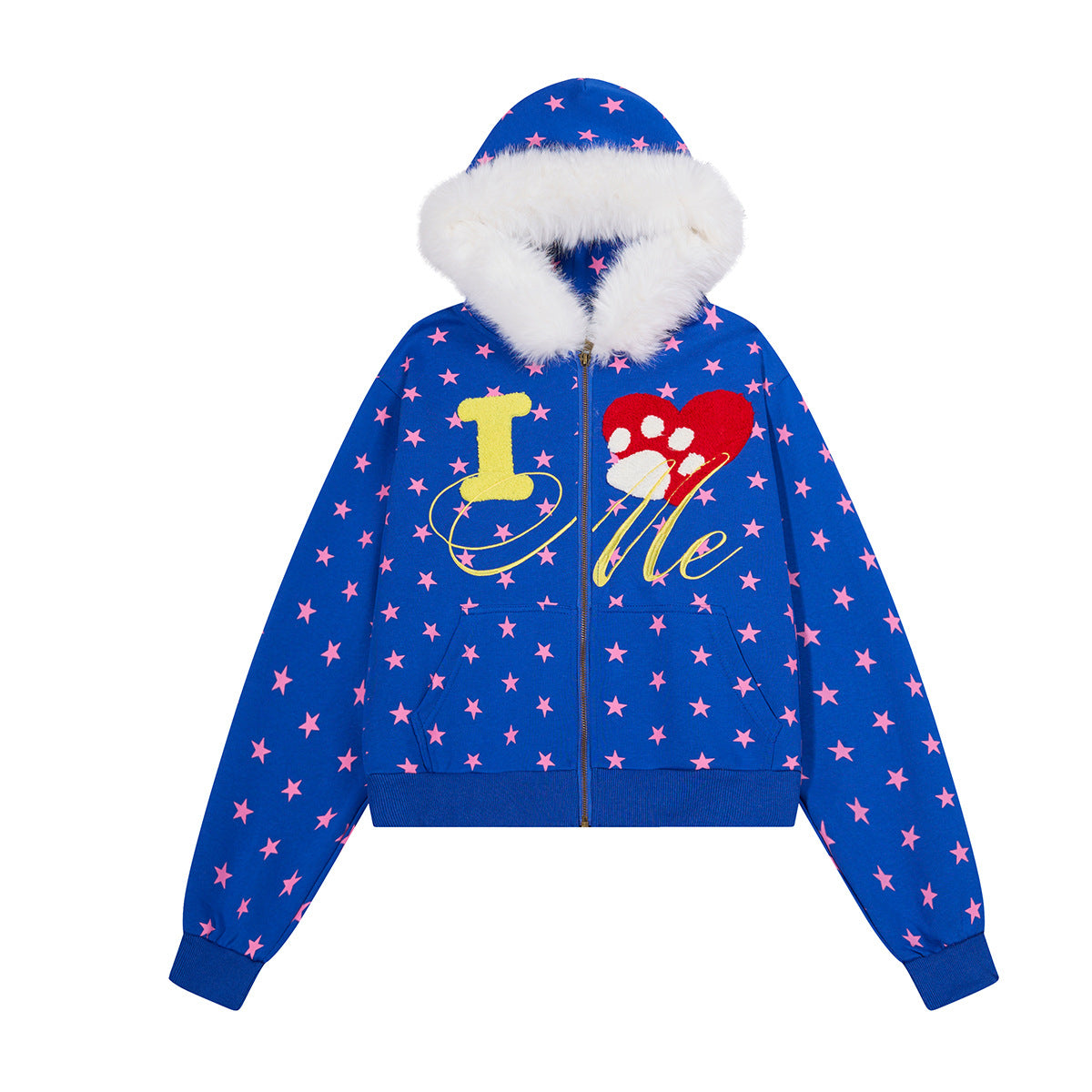 Hoodie zippé à motif étoiles, capuche bordée de fausse fourrure et motif « I ♥ Me »