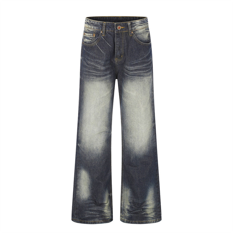 Wide-Leg Washed Jeans – Men's Retro Distressed Straight-Cut Denim