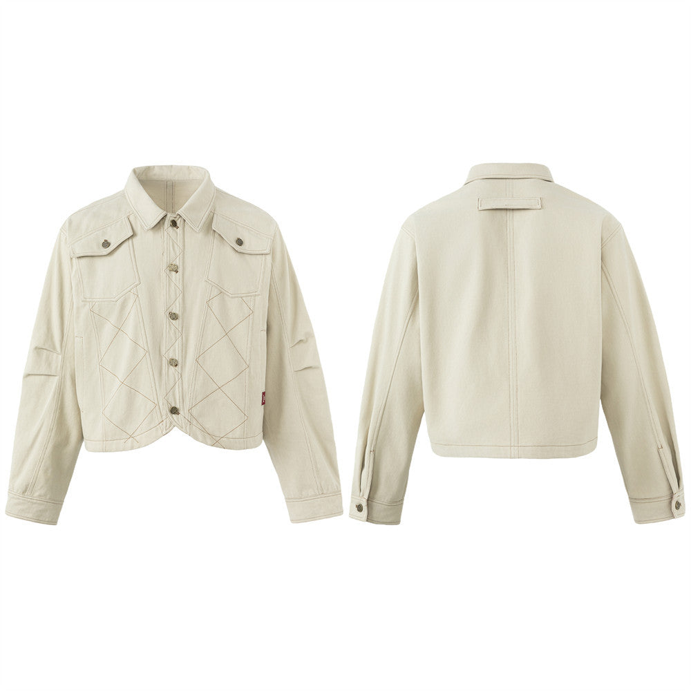 Cropped Denim Jacket – Diamond Stitch Workwear Design, Point Collar