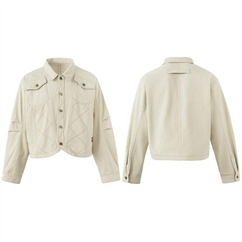 Cropped Denim Jacket – Diamond Stitch Workwear Design, Point Collar