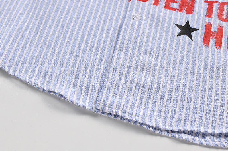 Graphic Button-Up Shirt – Hip-Hop Letter Print Vertical Stripe Long Sleeve