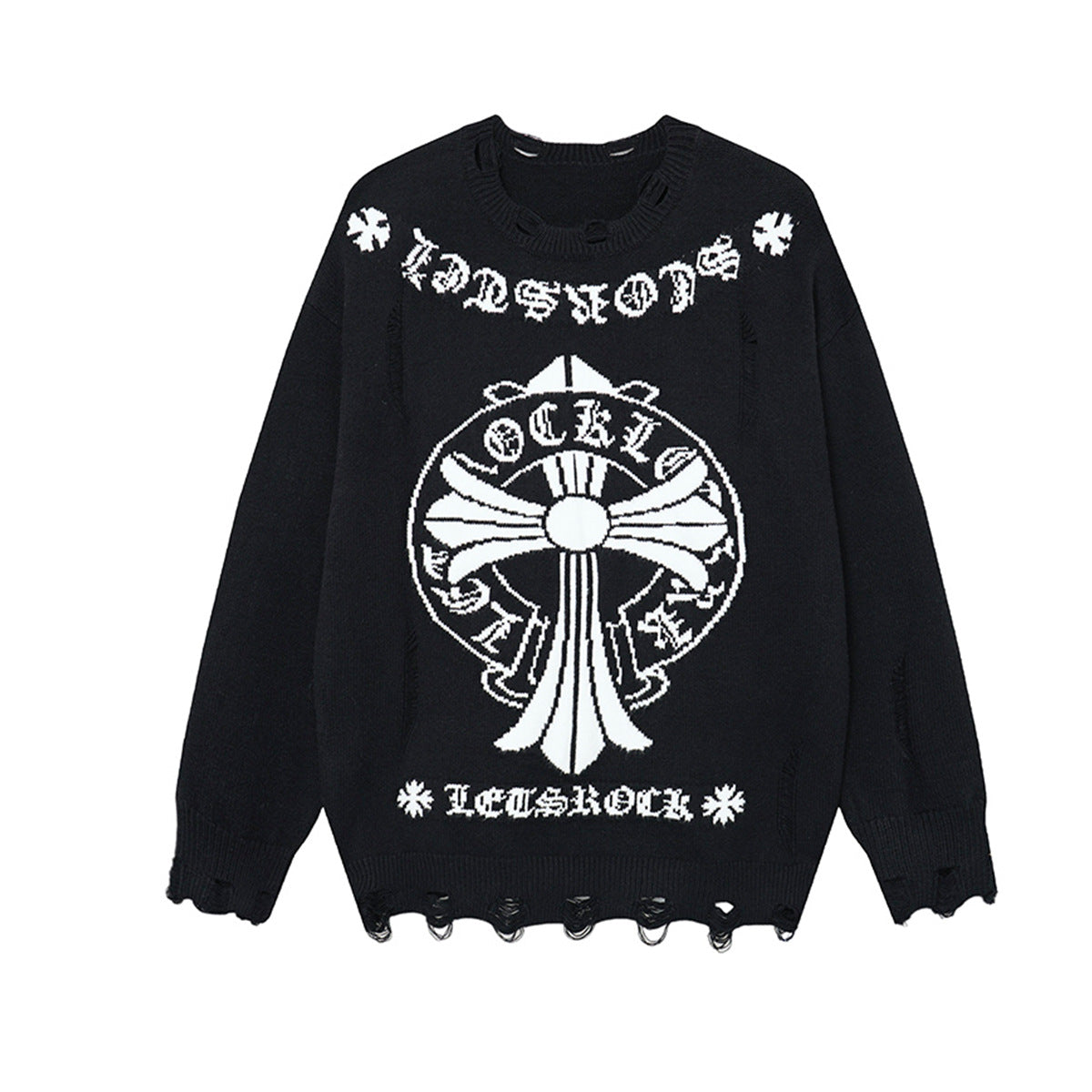 Oversized crew neck knit sweater with gothic cross medallion graphic and distressed hem in black colorway