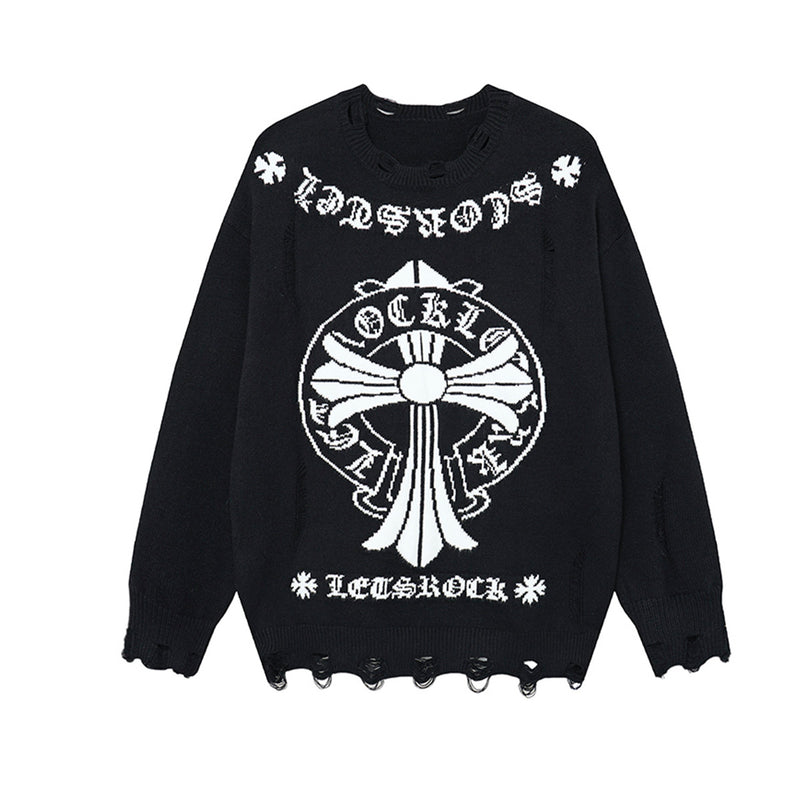 Oversized crew neck knit sweater with gothic cross medallion graphic and distressed hem in black colorway