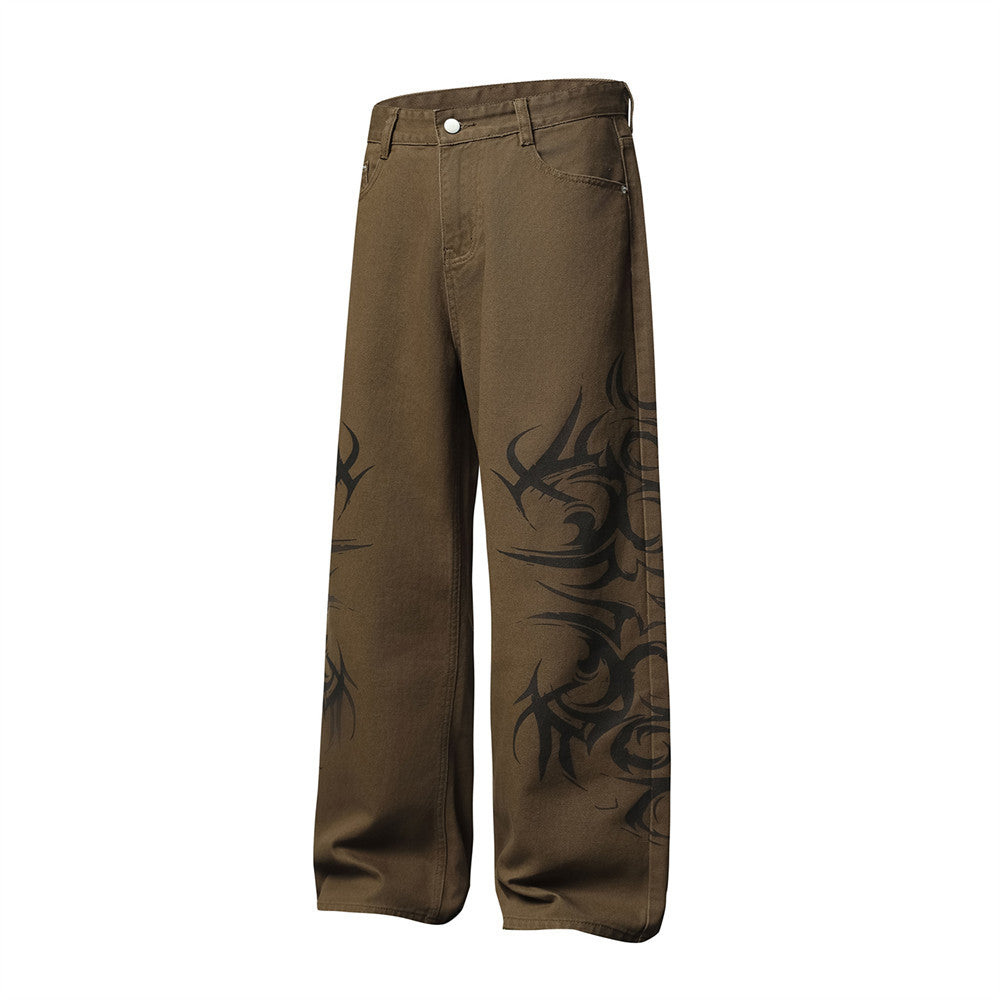 Tribal Print Wide-Leg Jeans – Men's Streetwear Straight Baggy Pants