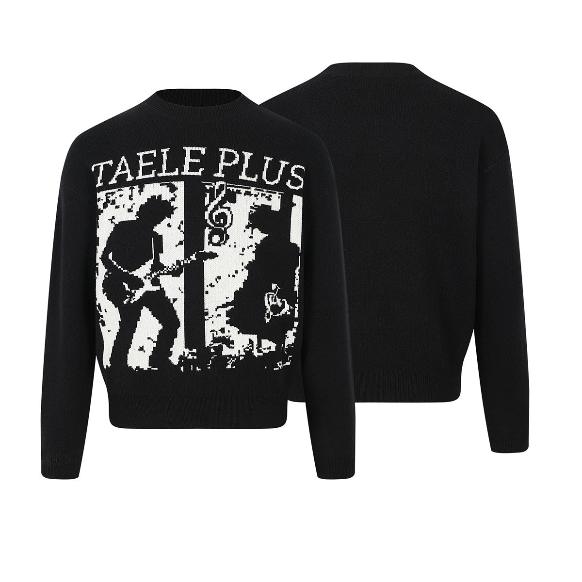Rock Music Jacquard Crew Neck Pullover Sweater – Black Knit with Band Graphic