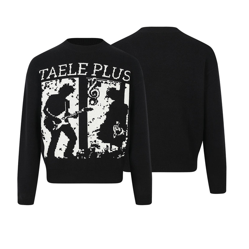Rock Music Jacquard Crew Neck Pullover Sweater – Black Knit with Band Graphic