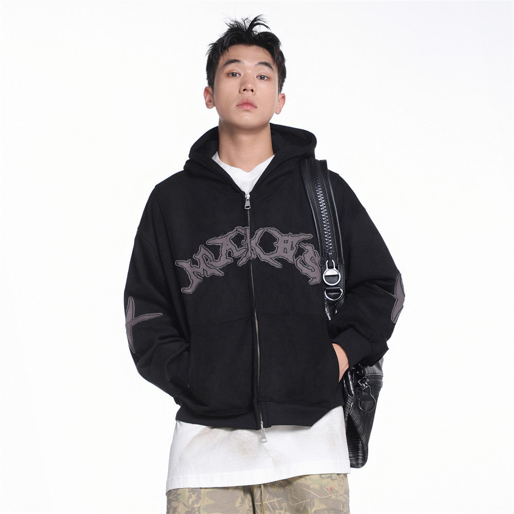 Baggy Zip Up Hoodie with Letter Appliqué — Oversized Streetwear Zip Hoodie