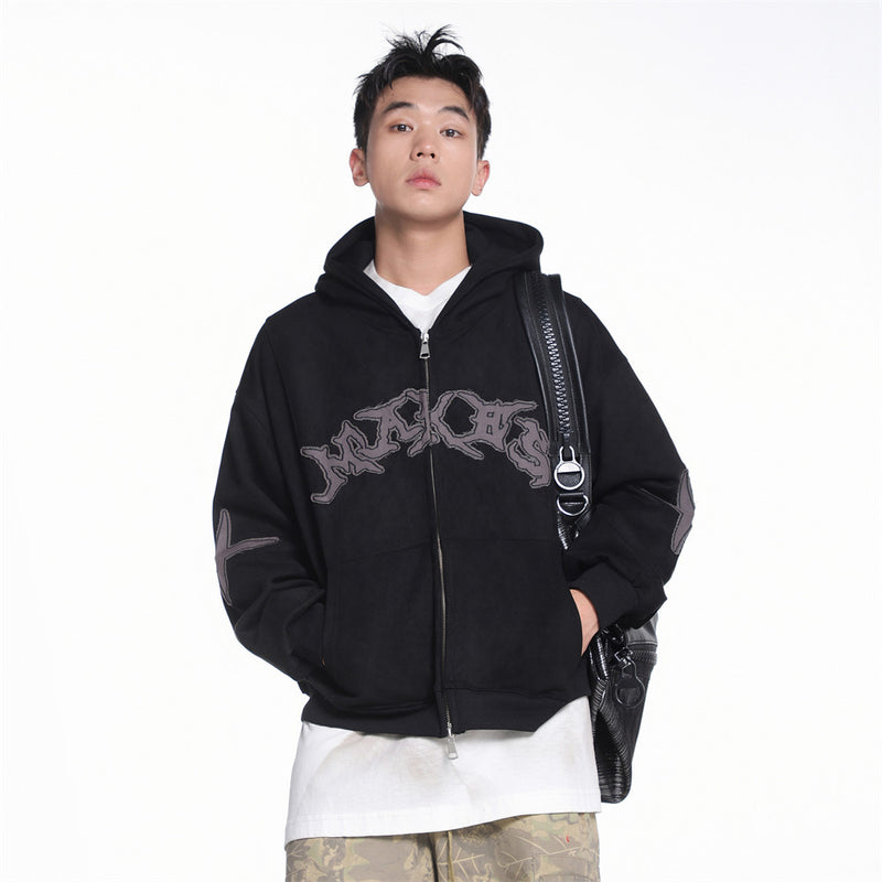 Baggy Zip Up Hoodie with Letter Appliqué — Oversized Streetwear Zip Hoodie