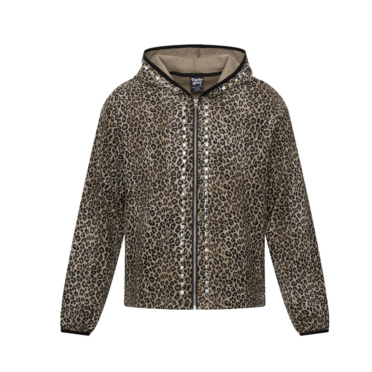 Leopard-Zip-Hoodie Streetwear – Kristallnieten-Details, lange Ärmel