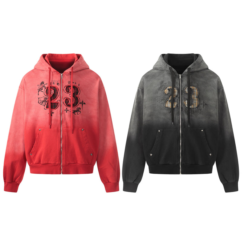 Zip-Hoodie Number 23 mit Karomuster-Applikqué und Stickerei – Gewaschener Streetwear-Look