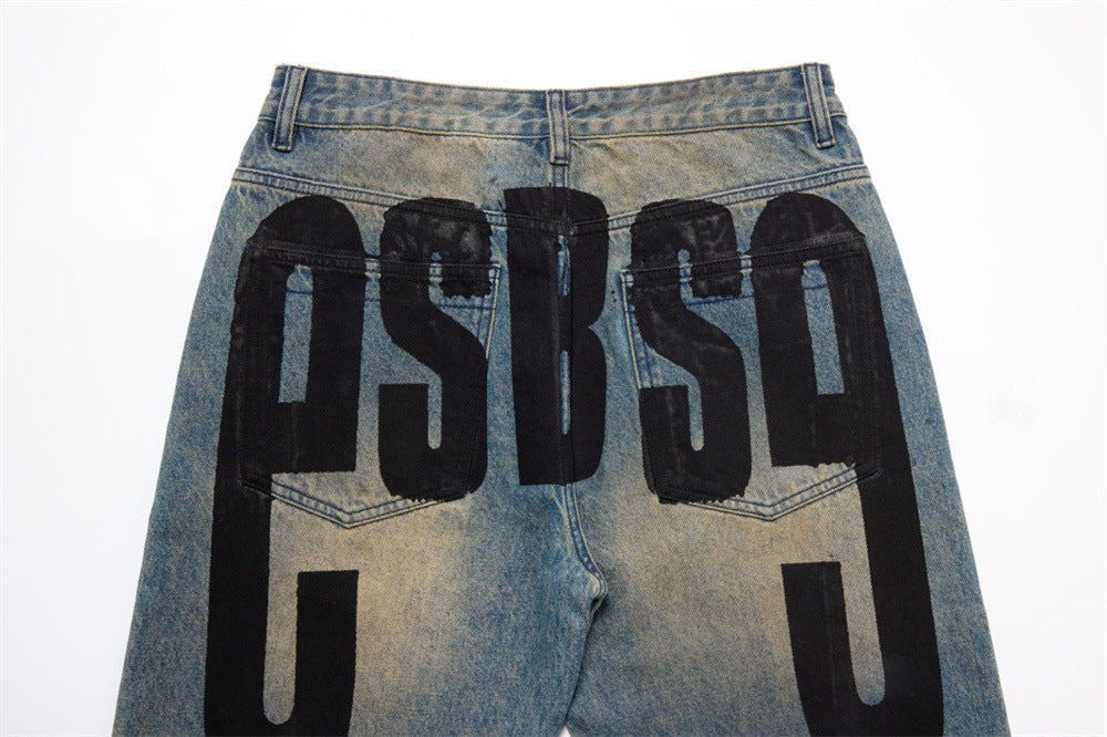 Men's Loose Fit Jeans Vintage Number Print Straight-Leg Baggy Denim Pants