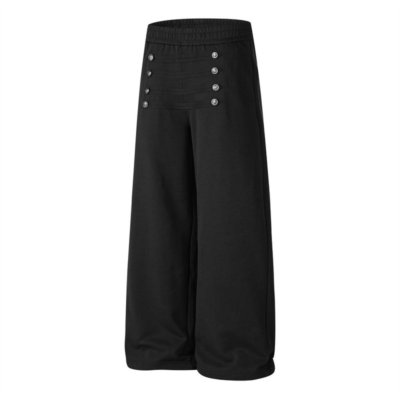 Wide-Leg Sweatpants with Double-Breasted Metal Buttons & Elastic Waist